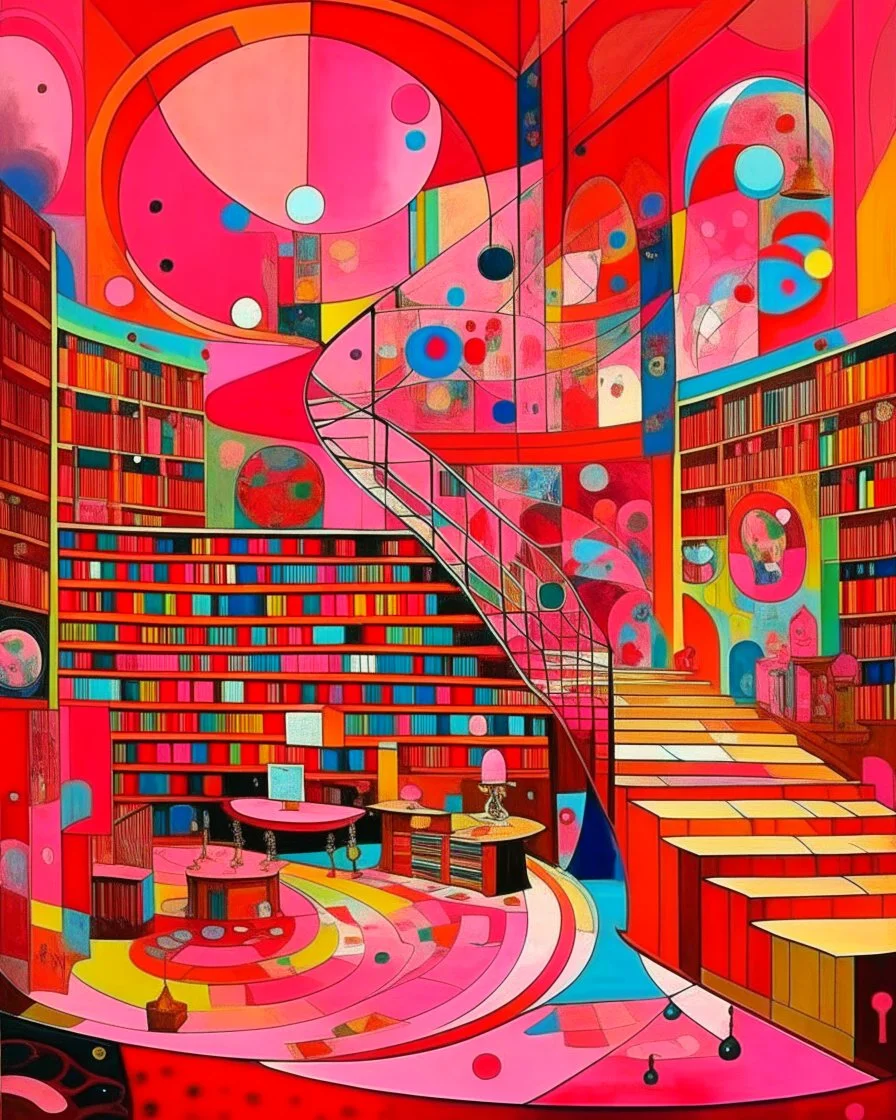 A library filled with pink magic painted by Wassily Kandinsky