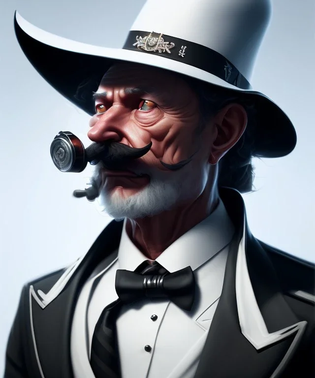 Docotor, black small mustache, white toxido, black tie, black hat, head and shoulders portrait, 8k resolution concept art portrait by Greg Rutkowski, Unreal Engine 5 volumetric lighting