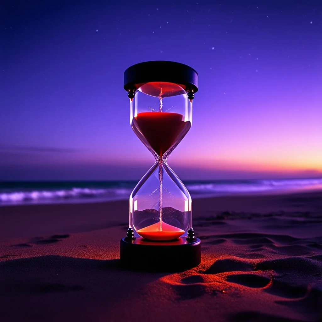 an hourglass on a beach at night, dark purple light
