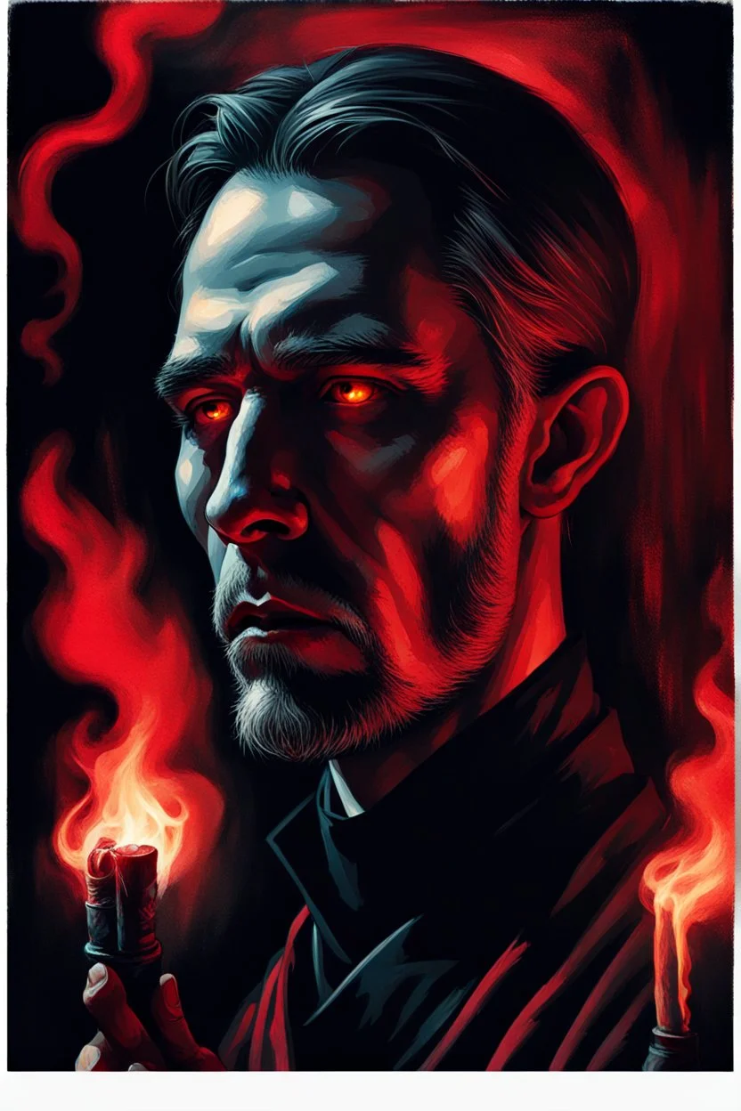 super close up view of an attractive but rugget looking gothic priest,he holds a burning sigarette while deep in thought , dark and somber vignette effect of lighting, style is dark and intense, with a blend of realism and abstraction. It uses a dramatic red and black color palette, textured brush strokes, and high contrast lighting to create a mysterious, haunting, and almost surreal atmosphere, highly detailed and realistic