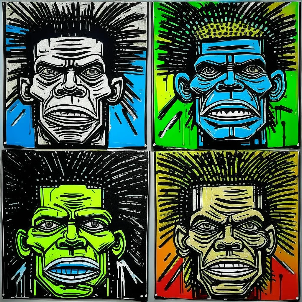 4 angry grotesque european faces, by Jean-Michel Basquiat and Andy Warhol, acrylic painting