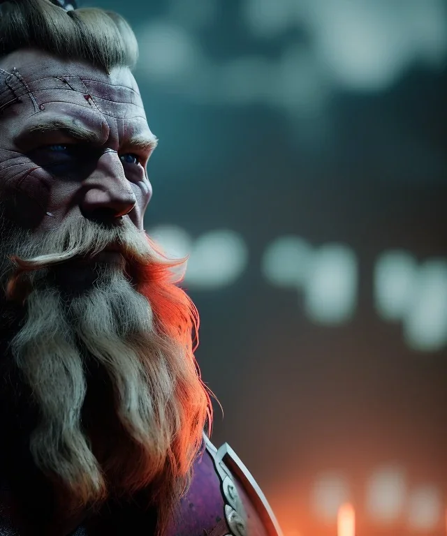 A strong and muscular viking with scars face , fire and purple colours, atmospheric, aetheric, unreal engine, cinematic lighting, octane render, 8k.