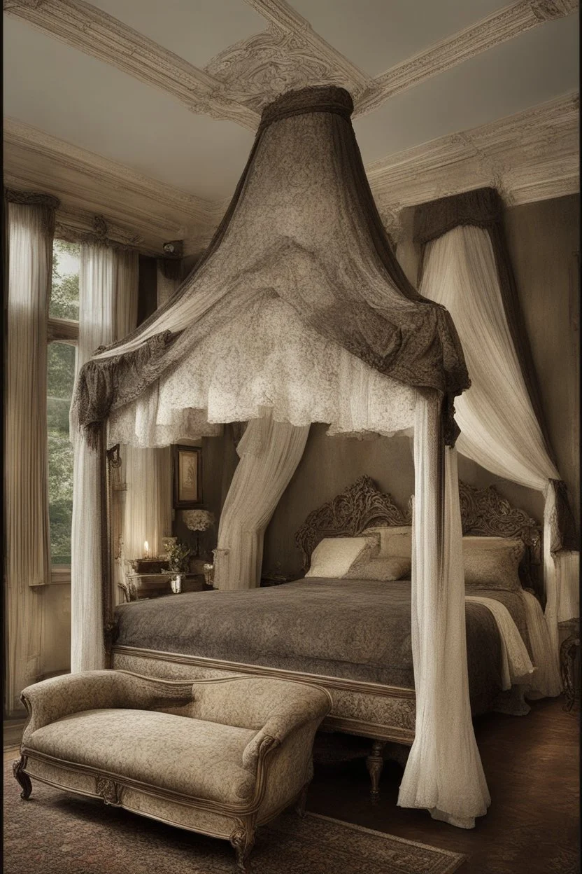 Beautiful ornate four post canopy bed in a dark colored bedroom, victorian