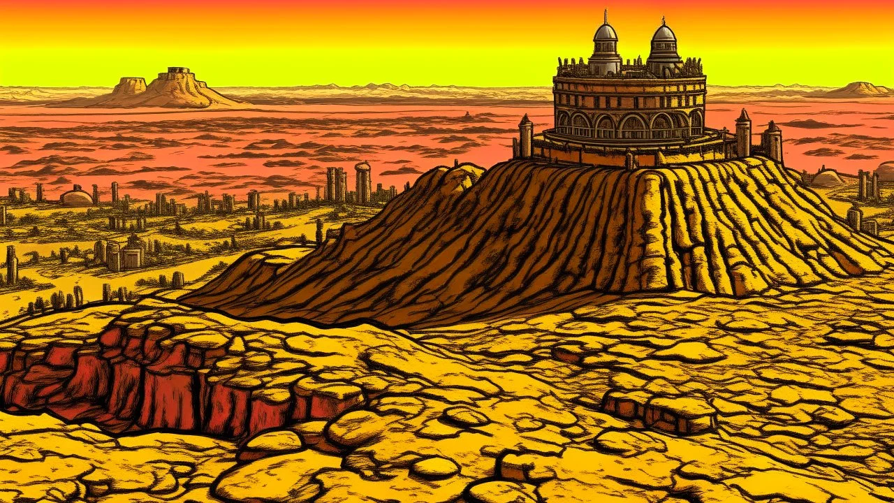 Desert warrior from behind looking at a city on a plato in the distance, comic style