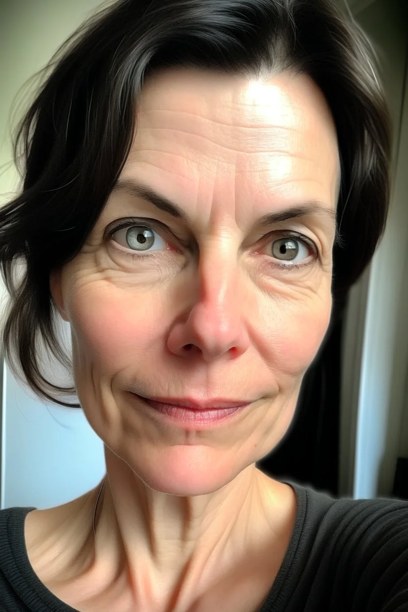 A selfie of a brunette woman, middle short hair taken after massage at spa salon. showing attractive 47-year-old European woman. She has white skin, tousled black hair, pretty face without makeup, big round brown eyes, cute profiled nose, detailed full lips, skin texture.