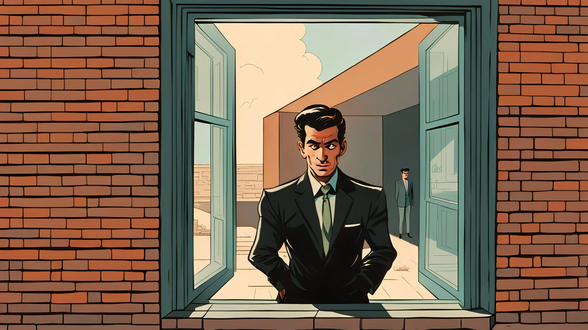 comic style, a man standing in front of a big window, looking in the window, the man is in a black suite, 1960 era, Iran