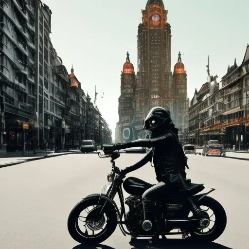 Fire head skeleton Rider wearing a black leather on black motorcycle in the middle of street rounded by high tower in a City