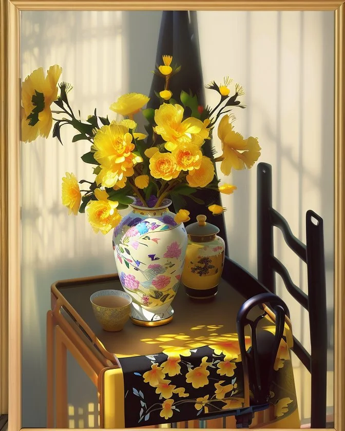 beautiful art print features yellow flowers in a chinoiserie vase sitting on a table, with black ladderback chair in background Modifiers: oil on canvas beautiful dynamic lighting crisp quality colourful acrylic art still life luminism Gustave Klimt style raw beautiful oil on canvas beautiful oil on canvas oil on canvas