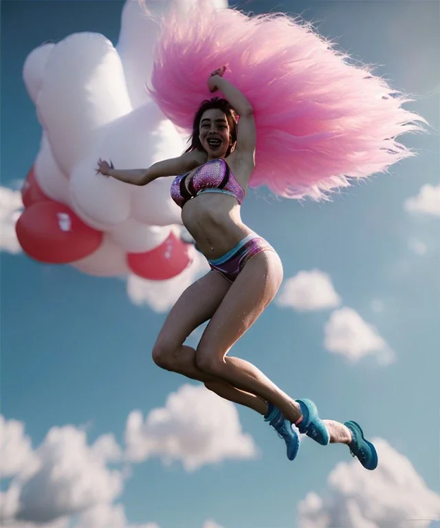 Ultra realistic speed clouds sky scene, wide angle view, sweet women falling down, inflatable color clothing, free jumping flying, many trinkets, hair monster, many jelly beans, balls, color smoke, smile, happy, circus style, extreme, wind, clouds sea, 20,000 feet altitude, stratosphere, soft color, highly detailed, unreal engine 5, ray tracing, RTX, lumen lighting, ultra detail, volumetric lighting, 3d, finely drawn, high definition, high resolution.