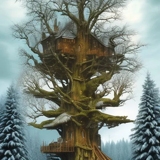 A giant tree the in the Winter With a giant treehouse in it