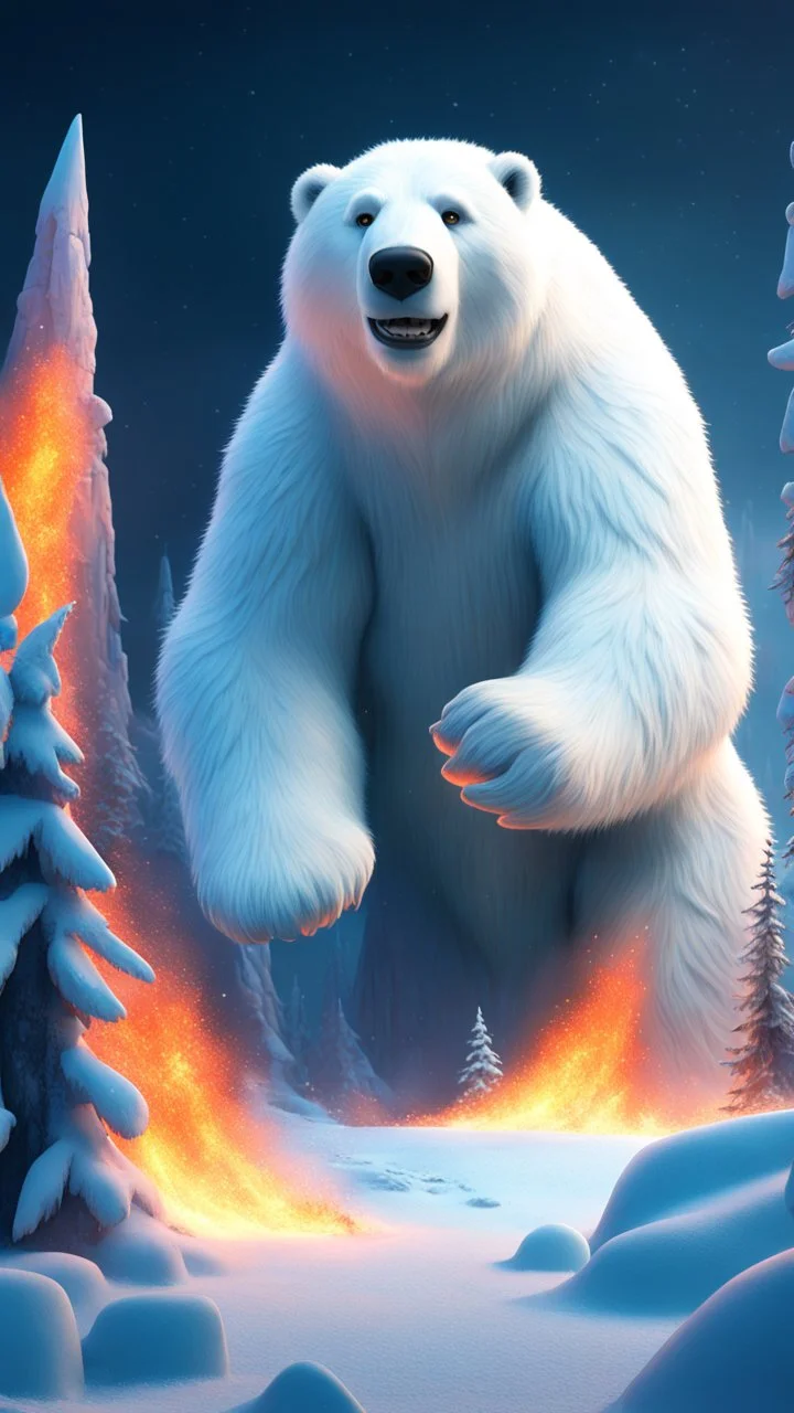 burning comet that looks like polar bear captain above frozen artic jungle with weird alien towers gets torn apart under him, in the style of Pixar, expertly crafted in a whimsical and vibrant cartoon style. is masterfully rendered in a lifelike 3D design, which captivates viewers with there irresistible charm.