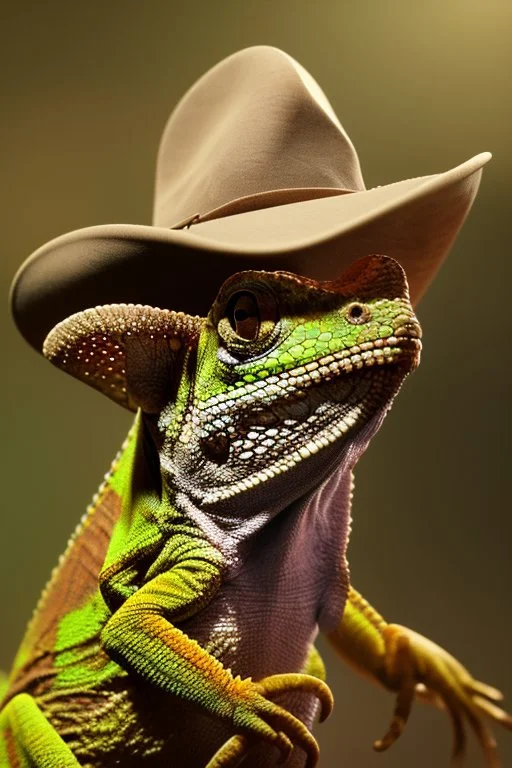 close up image of a boring chameleon, look like a cowboy