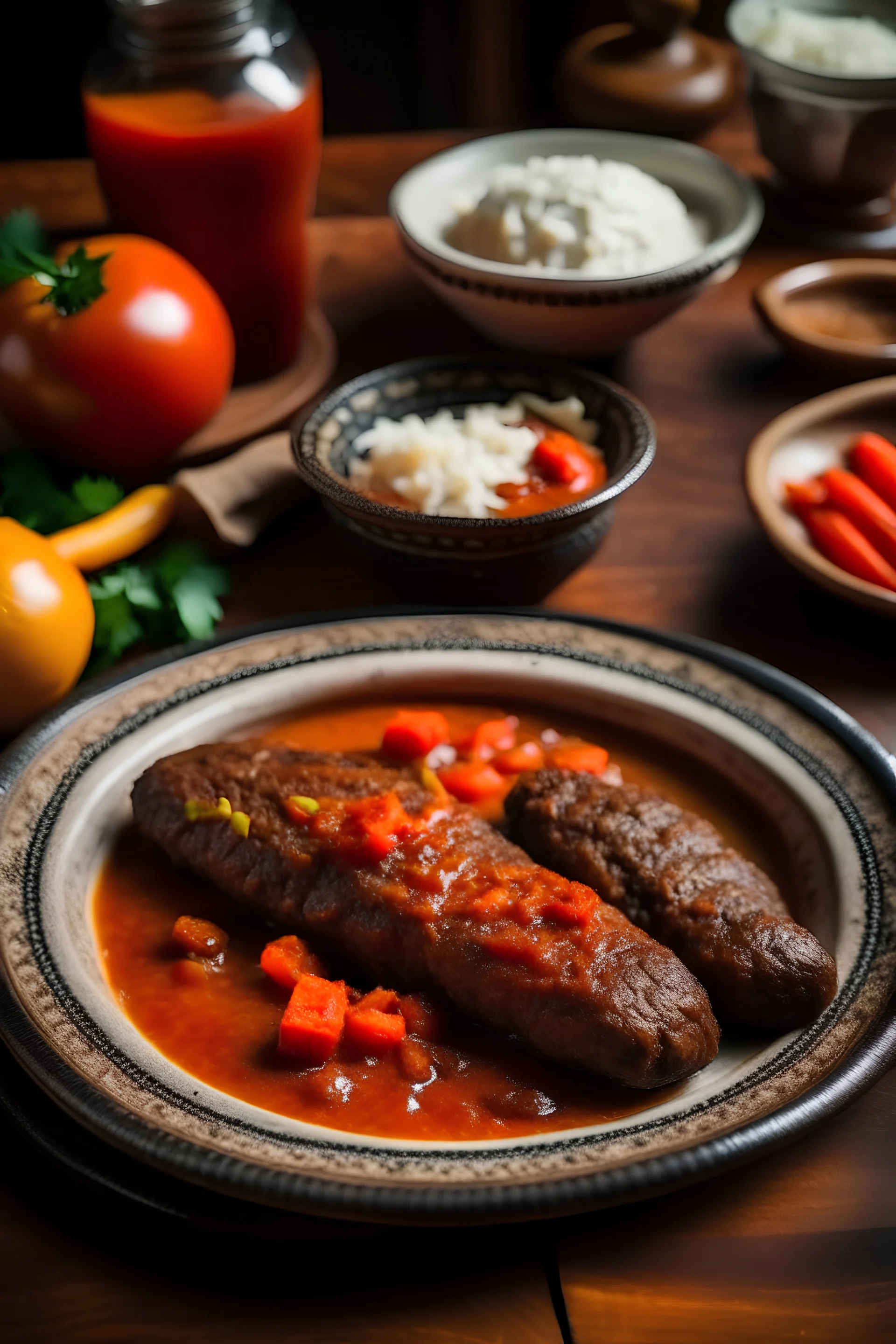 A plate of cevapi with a side of ajvar and kajmak.