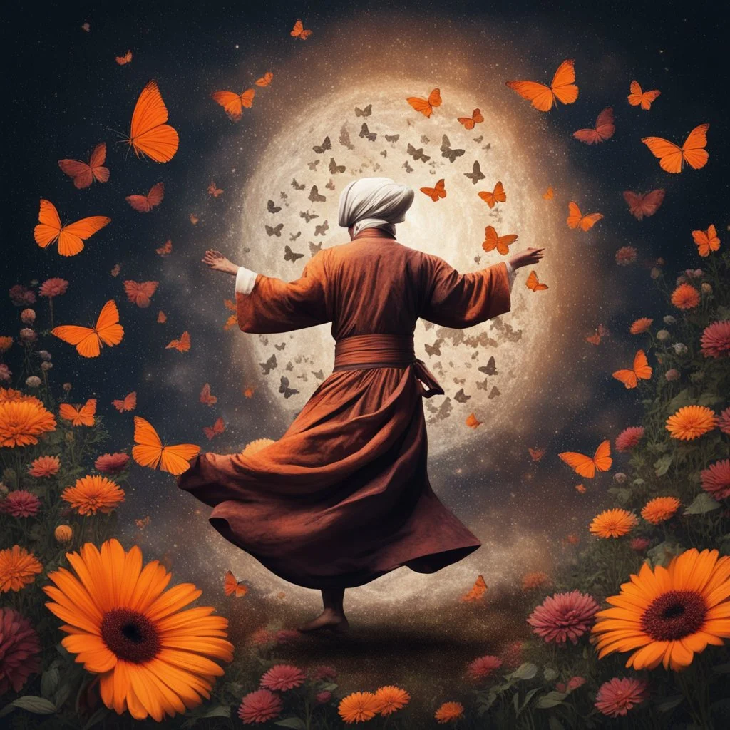 Hyper Realistic Sufi Whirling with Orange & Maroon Islamic Sufi Rustic Grungy in a beautiful flower garden at dark night with butterflies & starts on sky