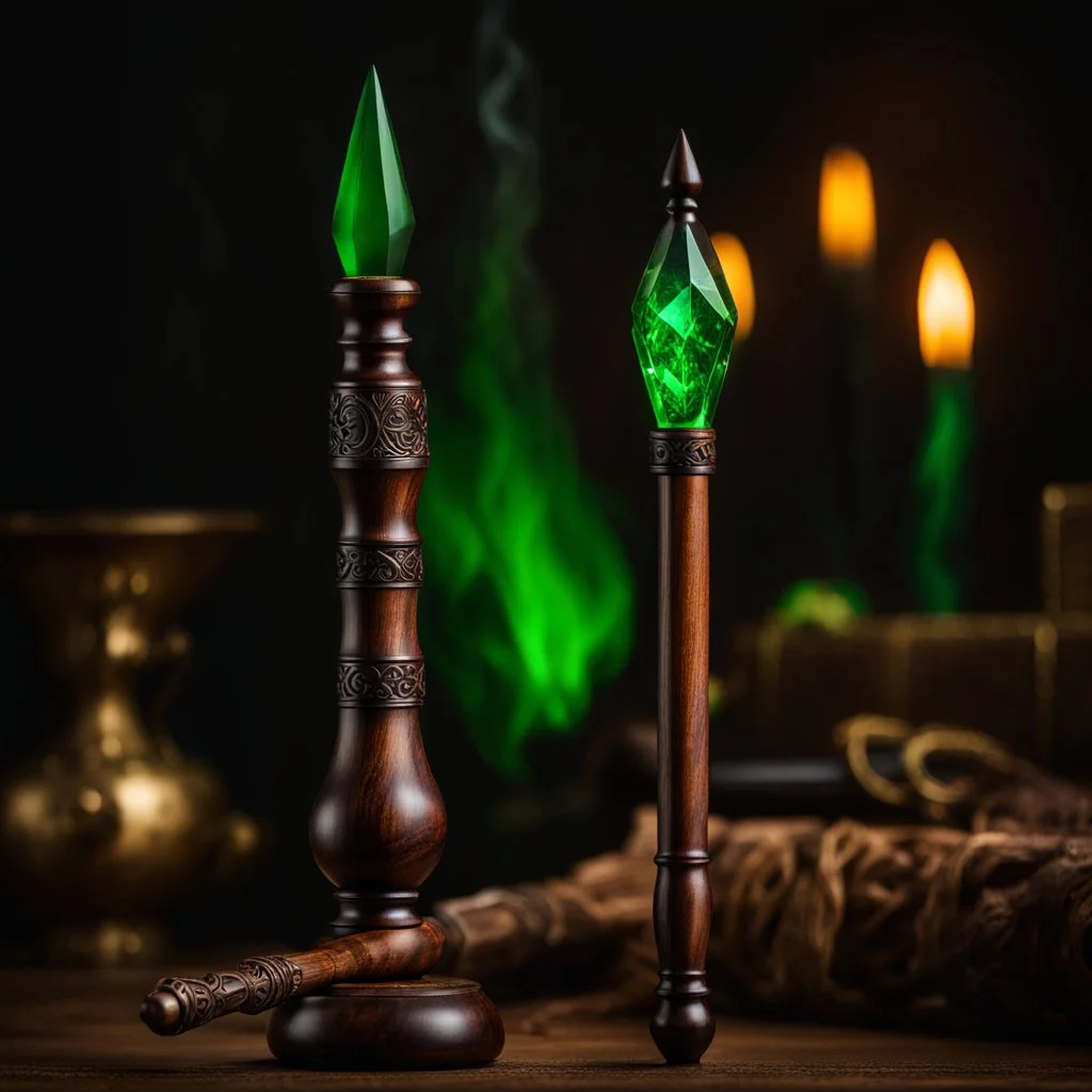 Closeup of an old, dark, wooden magical wand used for black magic. Poison-Green details. Evil. Dark. Black magic. No detailed background.Magical. Epic. Dramatic, highly detailed, realistic, hyper realistic, photo, masterpiece