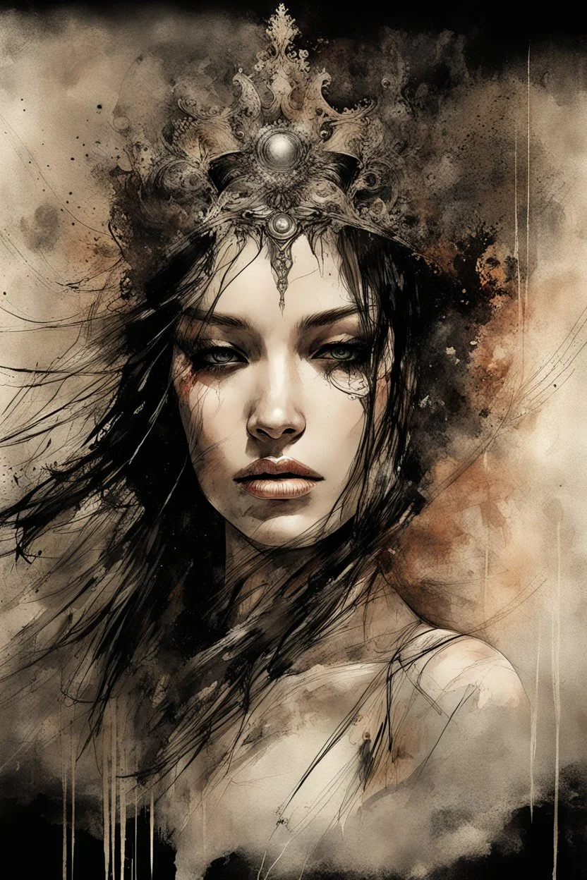 Hyper-photorealistic watercolor art style by Luis Royo & Russ Mills, Surreal fine art etching of a figure by Luis Royo, tanned skin inscribed with the transient story of mortality, ethereal light playing with its form whispering tales of an eternal realm, eyes, black as the depths of the night, ardently pinand looking towards the endless skies, a crown of black hair mirroring the mystery of the cosmos around, whole scene tinged with an ethereal softness from volumetric lighting, hues gr,