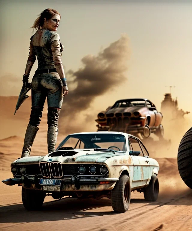 Realistic image. Mad max car. woman in the foreground. BMW 4 series. 4k resolution, intricate details, ornate details, soft lighting, vibrant colors, mad max background