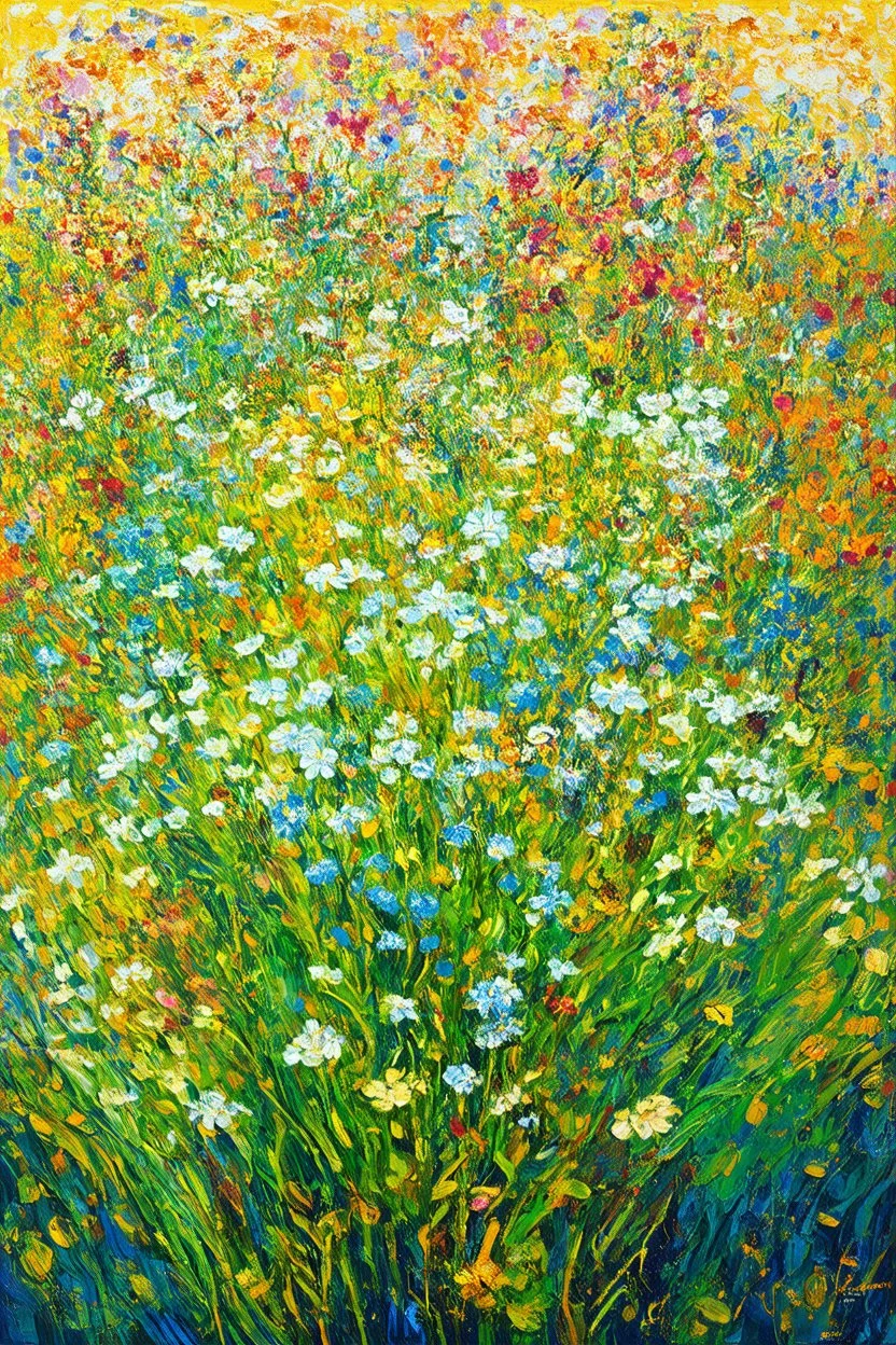 ideal image optimization, the field of the best lush Candytuft flower result, Create stunning summer flowers art combining Gustav Klimt's intricate style with Pierre-Auguste Renoir's vibrant brushstrokes. Use alcohol ink splatter for dynamic elements. Aim for hyper-detailed super realism in 8K, with bright neon colors and gold accents, capturing a radiant summer day. Add an Art Nouveau aesthetic to enhance elegance and sophistication of this award-winning Masterpiece seamless pattern,