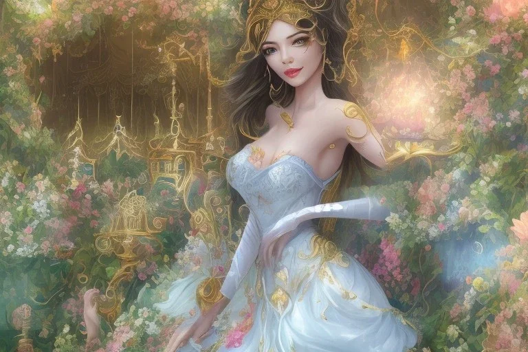 only one pretty asiatique girl dénudée just before a magical crystal flower lotus magnolia lys bougainvillier, blue gold house indian palace castle in the woods, magnolias pink,blue lake,sun,white swanns,pink vertical, blue lake,sharp, vines, candlelit, endor, ornate, elegant, highly detailed, artstation, concept art, smooth, sharp focus, illustration, 8k, splash art, wallpaper, key visual