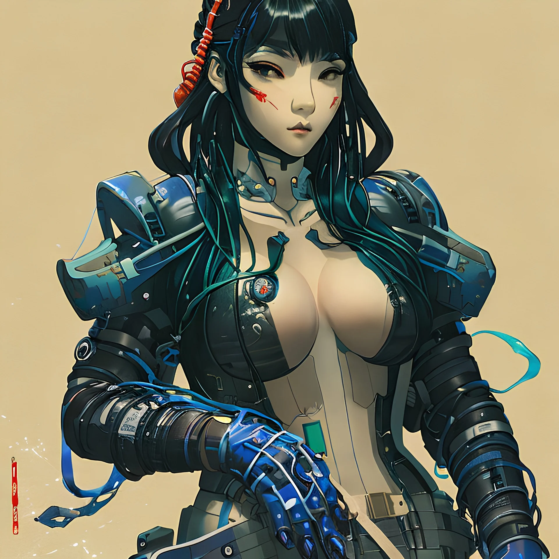 beautiful cyberpunk huge girl, hyperdetailed, illustration by Katsushika Hokusai, darkblue tones,