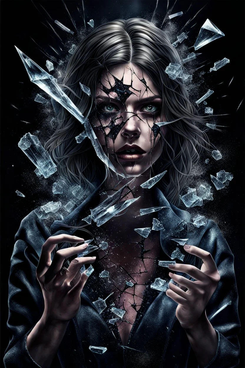 a high realistic explosding girl with fractured glass, she tries to piece herself back together again, high contrast, high textured, thriller, high detail, atmospheric, dark fantasy, dark colors, cinematic, high realistic