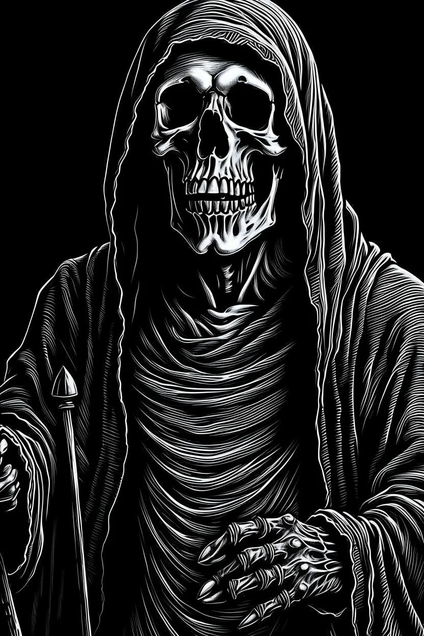 ultra high image quality, Grim Reaper, WEARING A 3 PIECE SUIT, POSED FOR DOLLAR BILL PORTRAIT, LINE TONE, WSJ STYLE, HEDCUT, Close-up of an set against AMOLED-worthy pure black backdrop, fantasy art style infused with filter, tailored for vertical wallpaper, exclusive design with no duplicates, radiating beauty suitable for a PC screen image, vivid colors, ultra fine, digital painting.