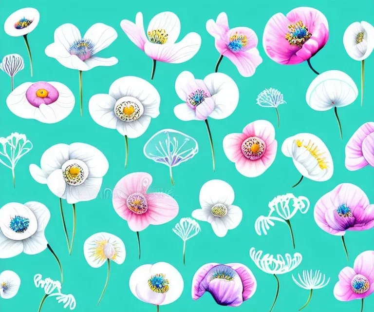 Vector anemone set illustration. Watercolor white backdrop