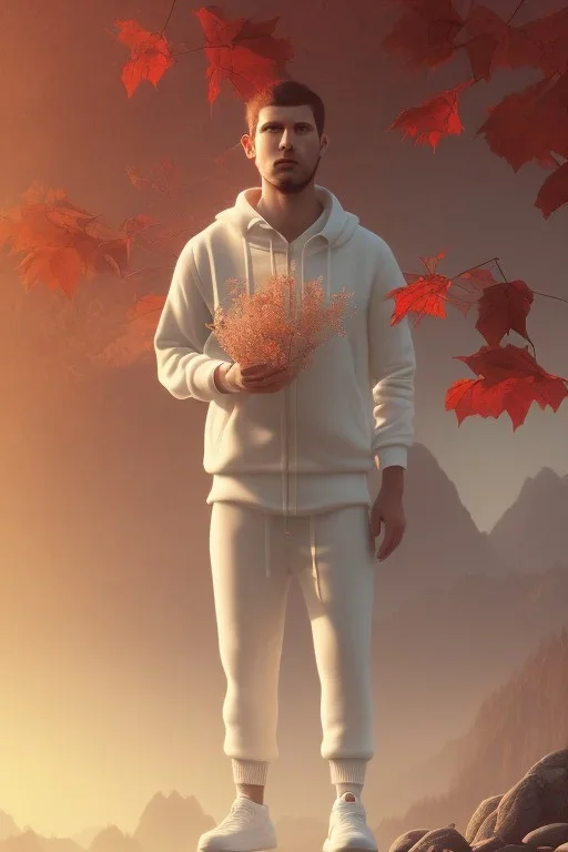 neanderthal portrait , white jogging suite, at dawn by atey ghailan, golden light , holding leaves and flowers , angels background, volumetric light, high detail, red leaf tree, mountains in background, perfect