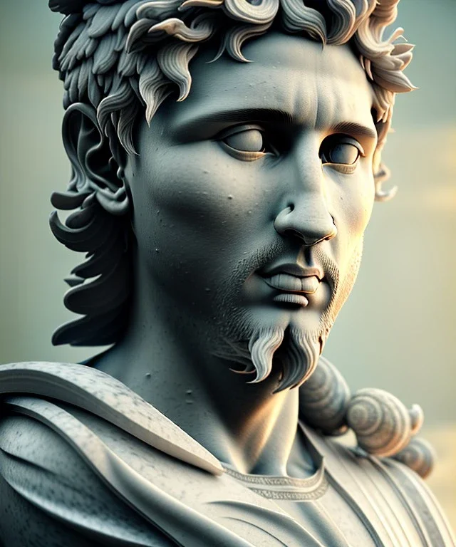 Realistic image, roman sculpture, marble material, Lionel Messi model, miguel angel style, God light, god rays, 4k resolution, perfect details, ornate details, soft lighting, unreal engine 5, soft cyan background.