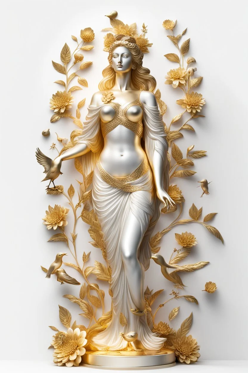 White background, Woman statue made of gold, flowers, birds