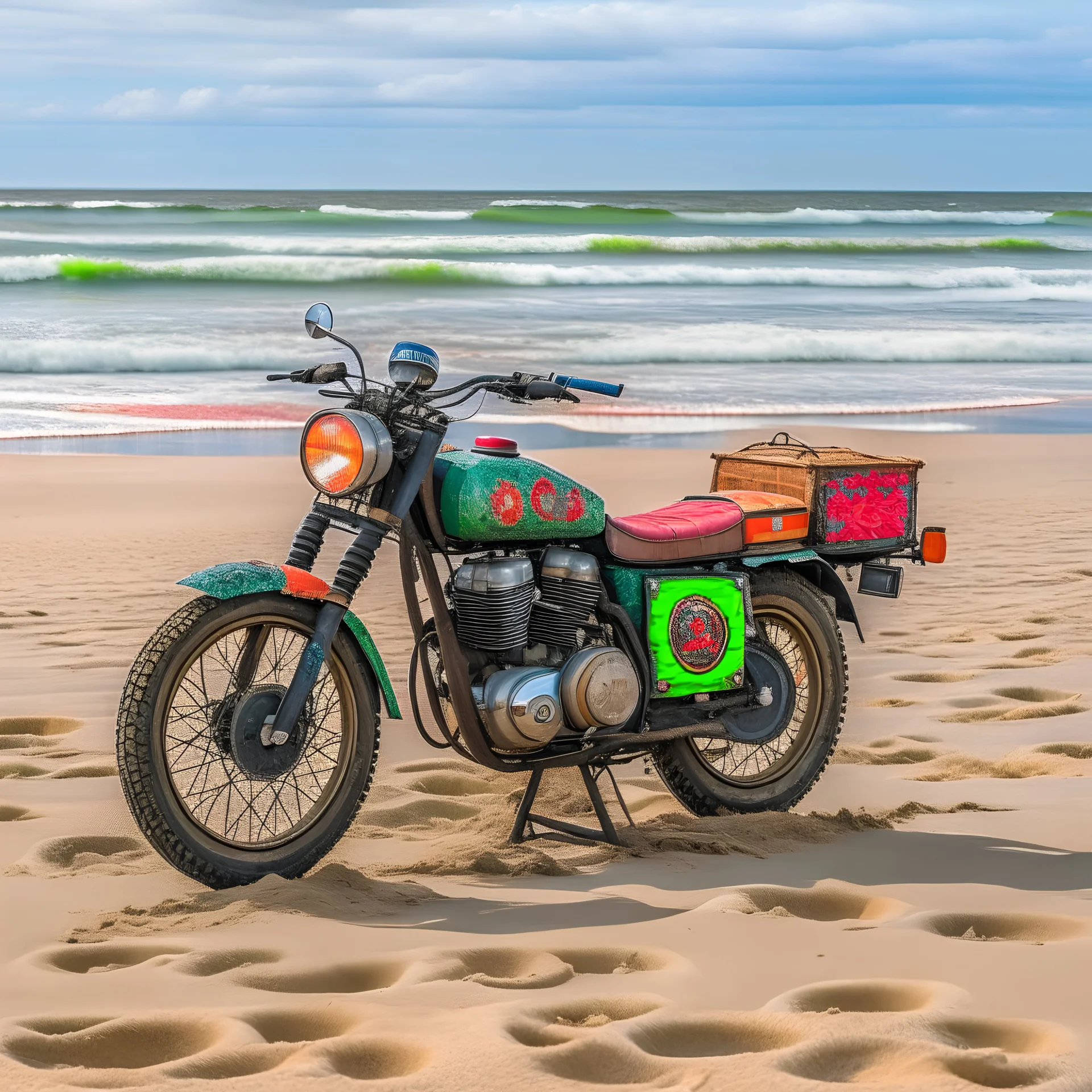 Driverless hippie motorcycle at beach