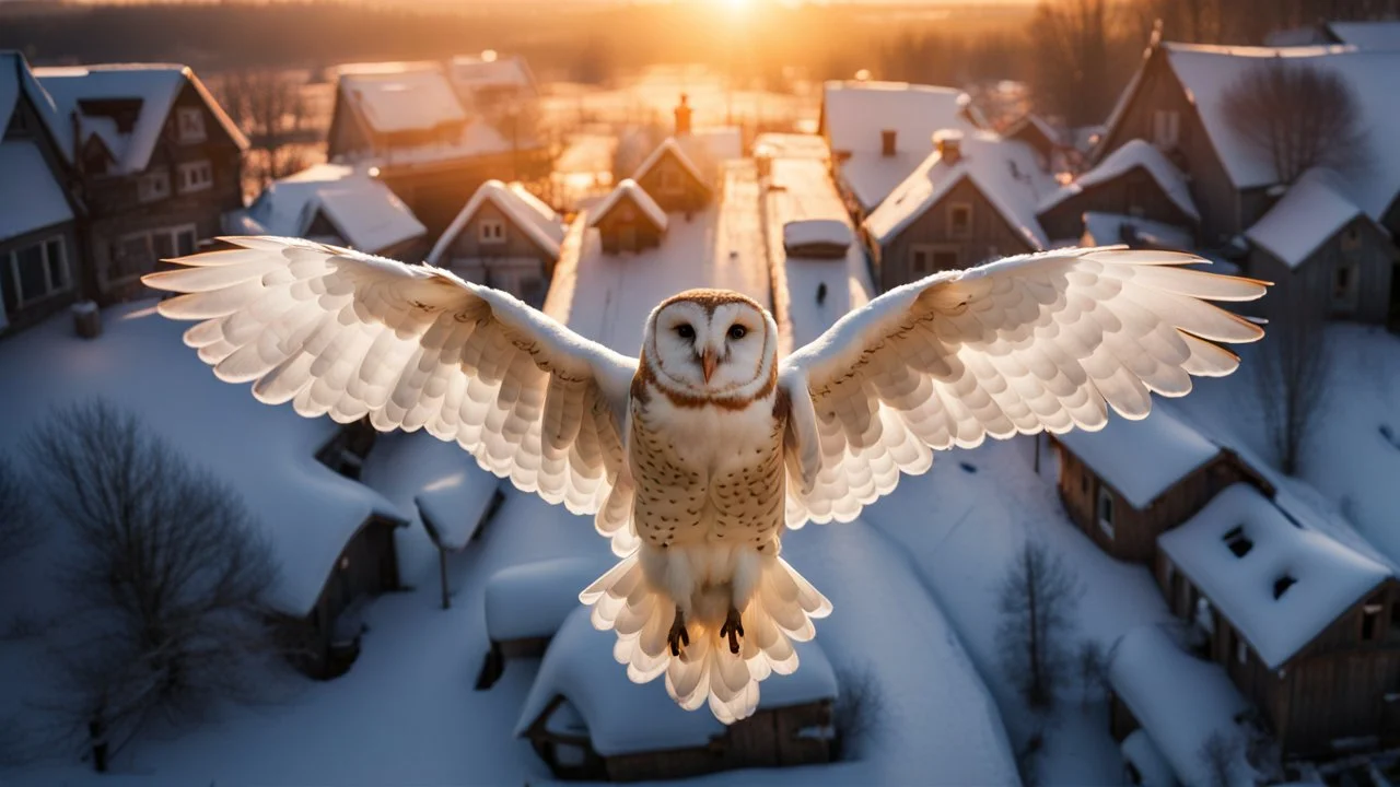 angel's view back to the camera a barn owl flying over a small winter village, snowy landscape, little light, sunrise, some small Hungarian old country houses from above, perspective, high detailed, sharp focuses, photorealistic, cinematic