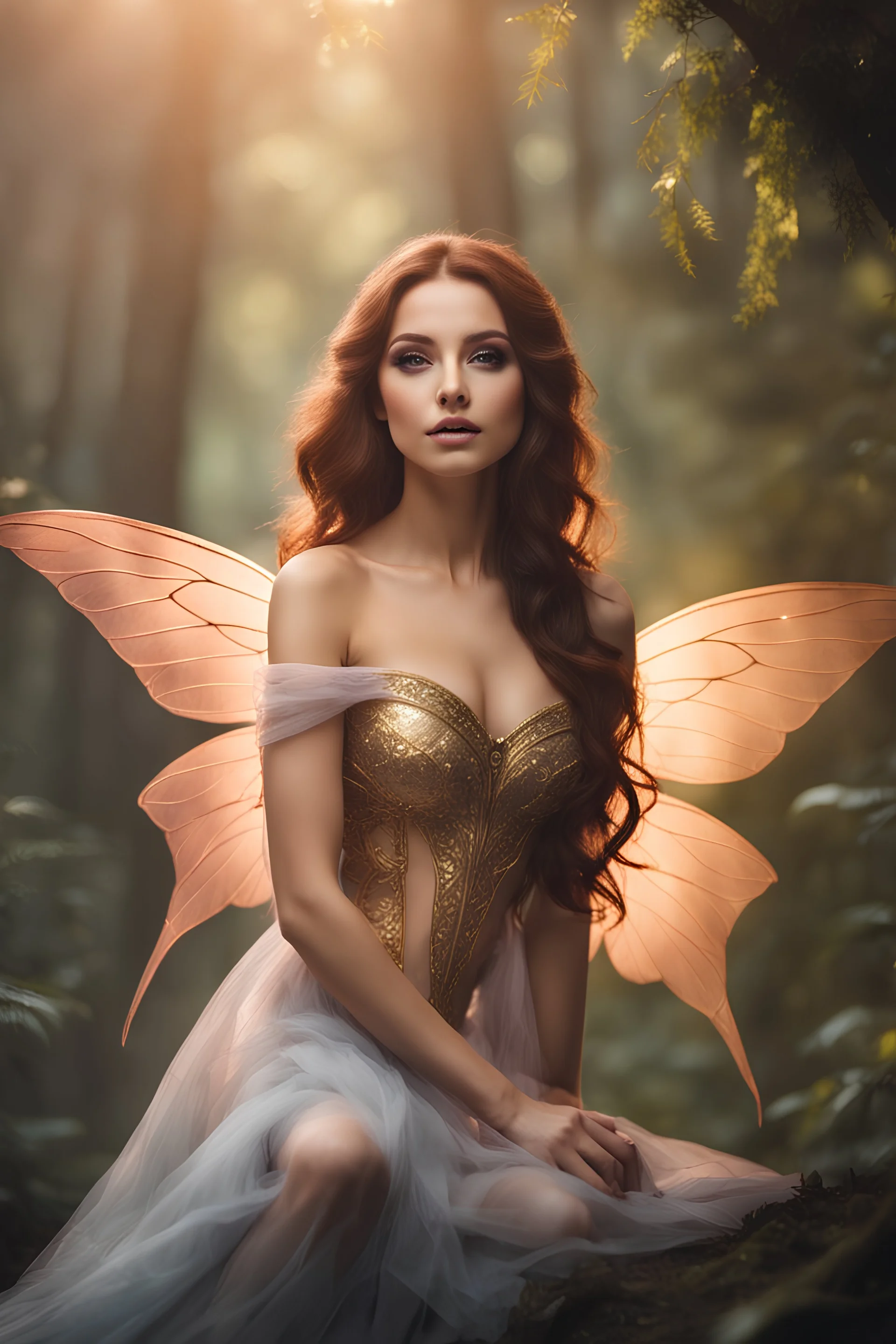 Gorgeous Photography Beautiful Lady Fairy with wings straddle,background wonderland, panoramic shot ,portrait, epic fantasy