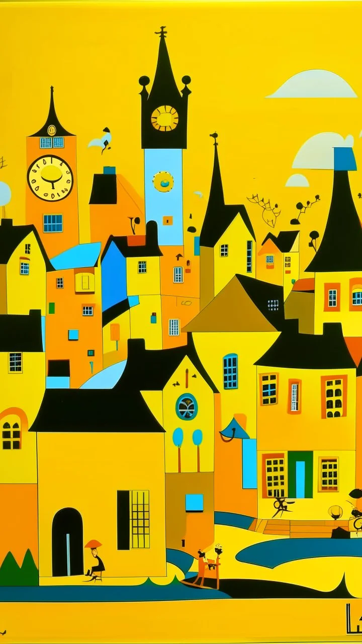 A golden yellow Japanese village with mystic clocks painted by Stuart Davis
