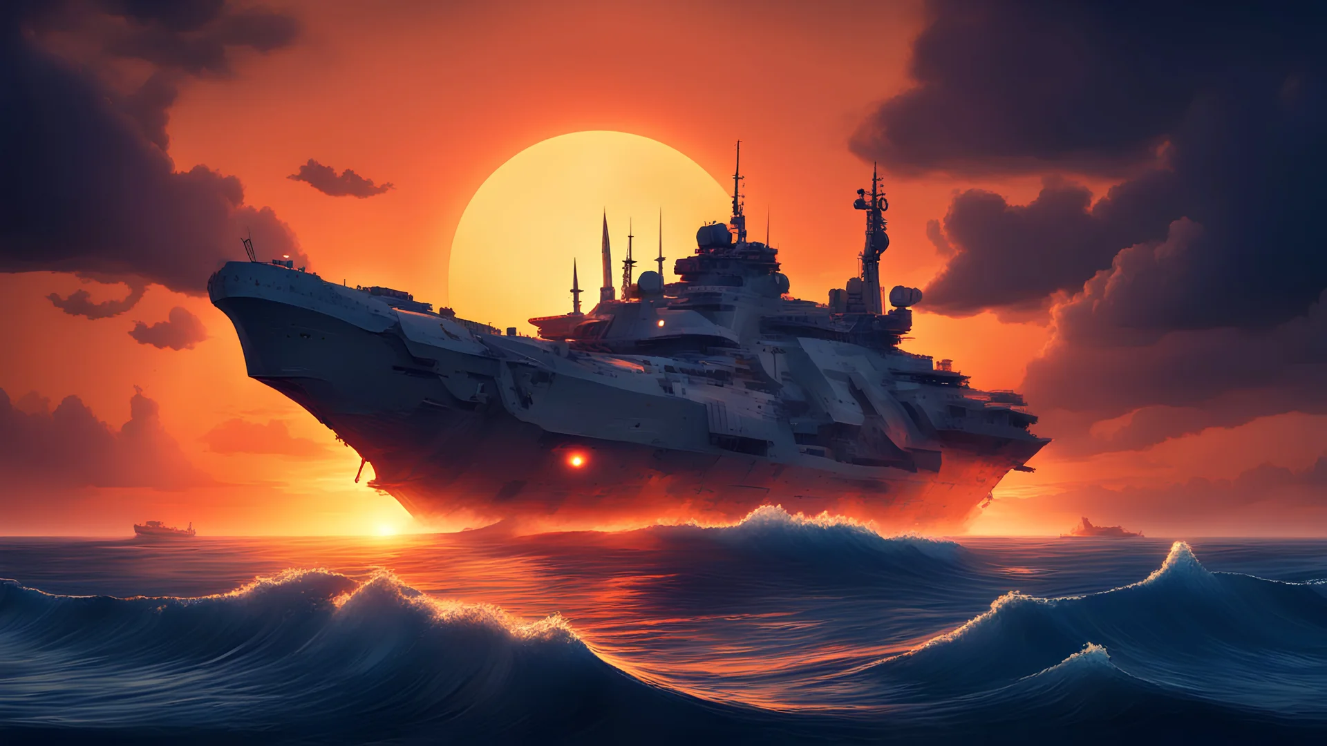 abstract game menu with a big destroyer in the sea against the backround of an orange sunset among the dark blue sky