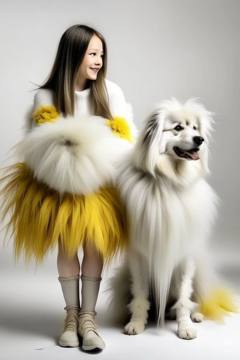 Giant white dog in a feather dress, next to a girl in a yellow sweater, a gray skirt, white stockings and black shoes, both facing the front in the photo. white background, 16K, real photography, portrait., estilo Alice in wonderland