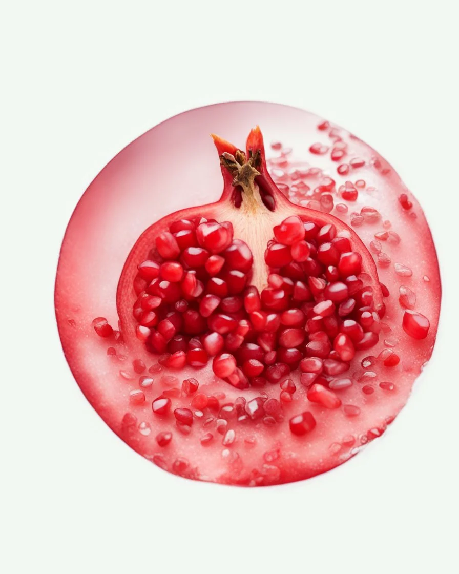 pomegranate seeds are scattered on a white background