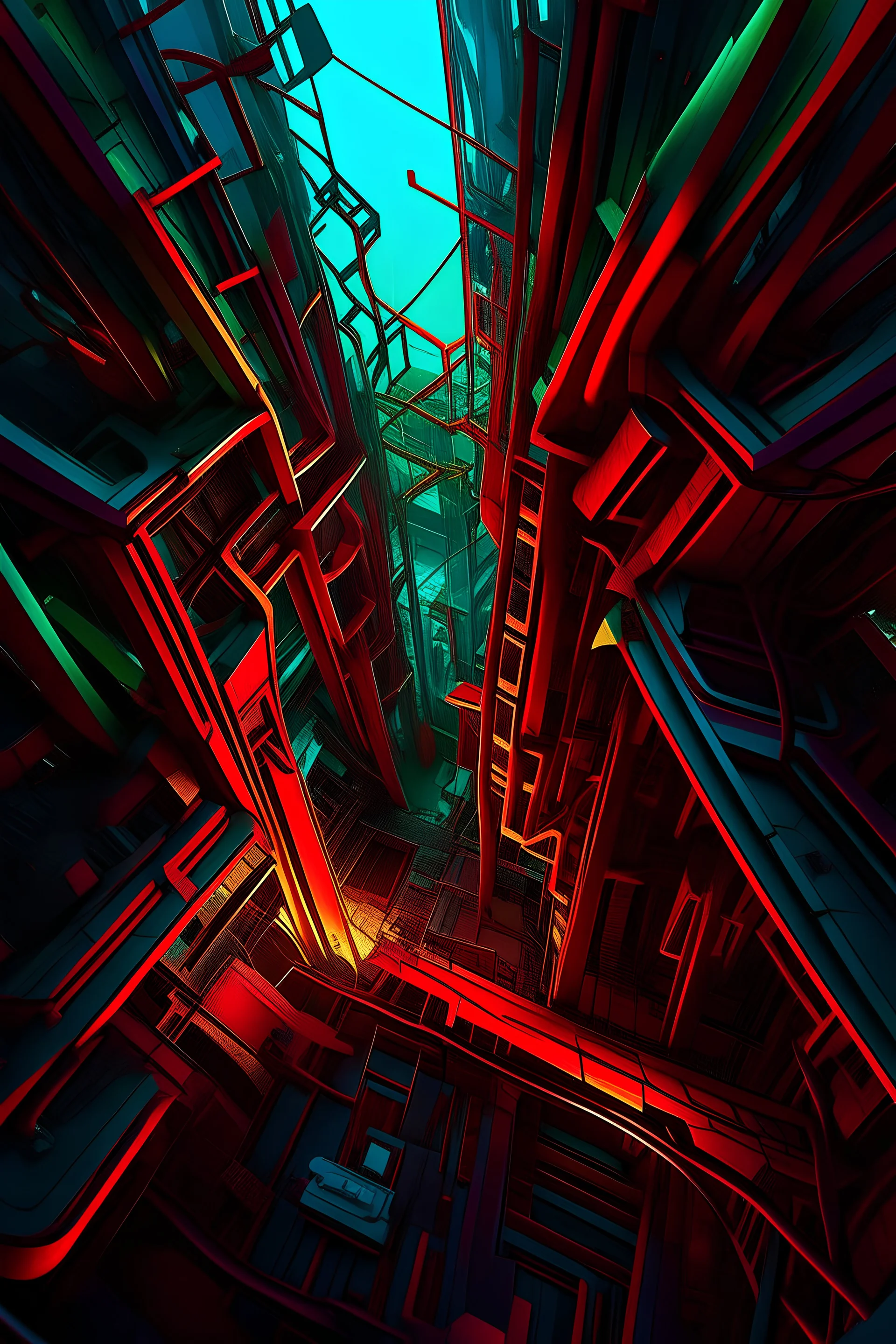 organic mechanical shapes, and many pipes that intertwine in a complex and visually stunning manner, all illuminated by the interplay of vibrant lighting and shadows, reminiscent of the works of Android Jones, Beeple, and Winkelmann, resulting in an awe-inspiring display of maximalism and fantasy.