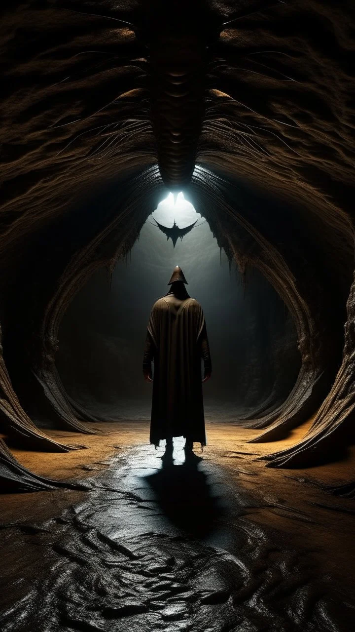 An hooded man withwings , thick layer of dark brown corrosion , standing in front of a dark cave, Bosch painting style , of a nightmare , fisheye lens, hyper photorealistic, hyper detailed dark , high resolution, fog, octane render, tilt shift, 8k ,