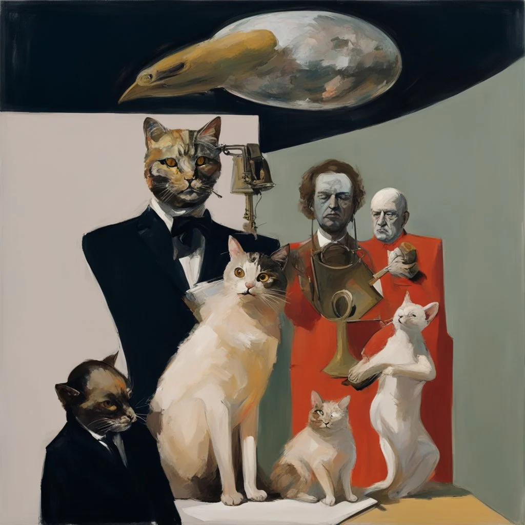 UN conference,a cat and human flesh-like surgical instruments and universe-like a pigeon and neuralink, surrealism,minimalism,Painting By Adrian Ghenie, Rene Magritte, Salvador Dali, Lucian Freud