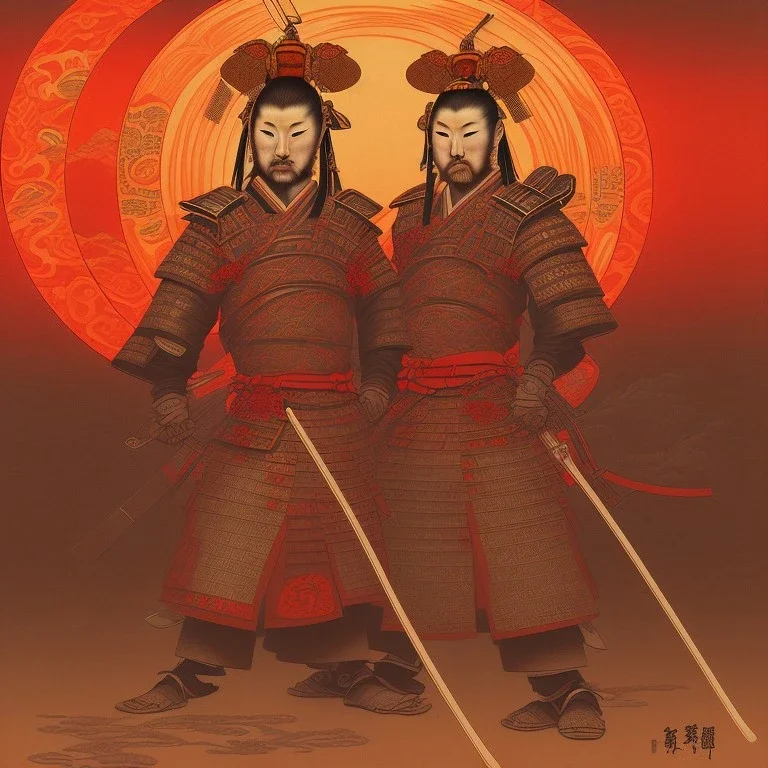 Single human Samurai Japanese Ukiyo-e, red sun in the background