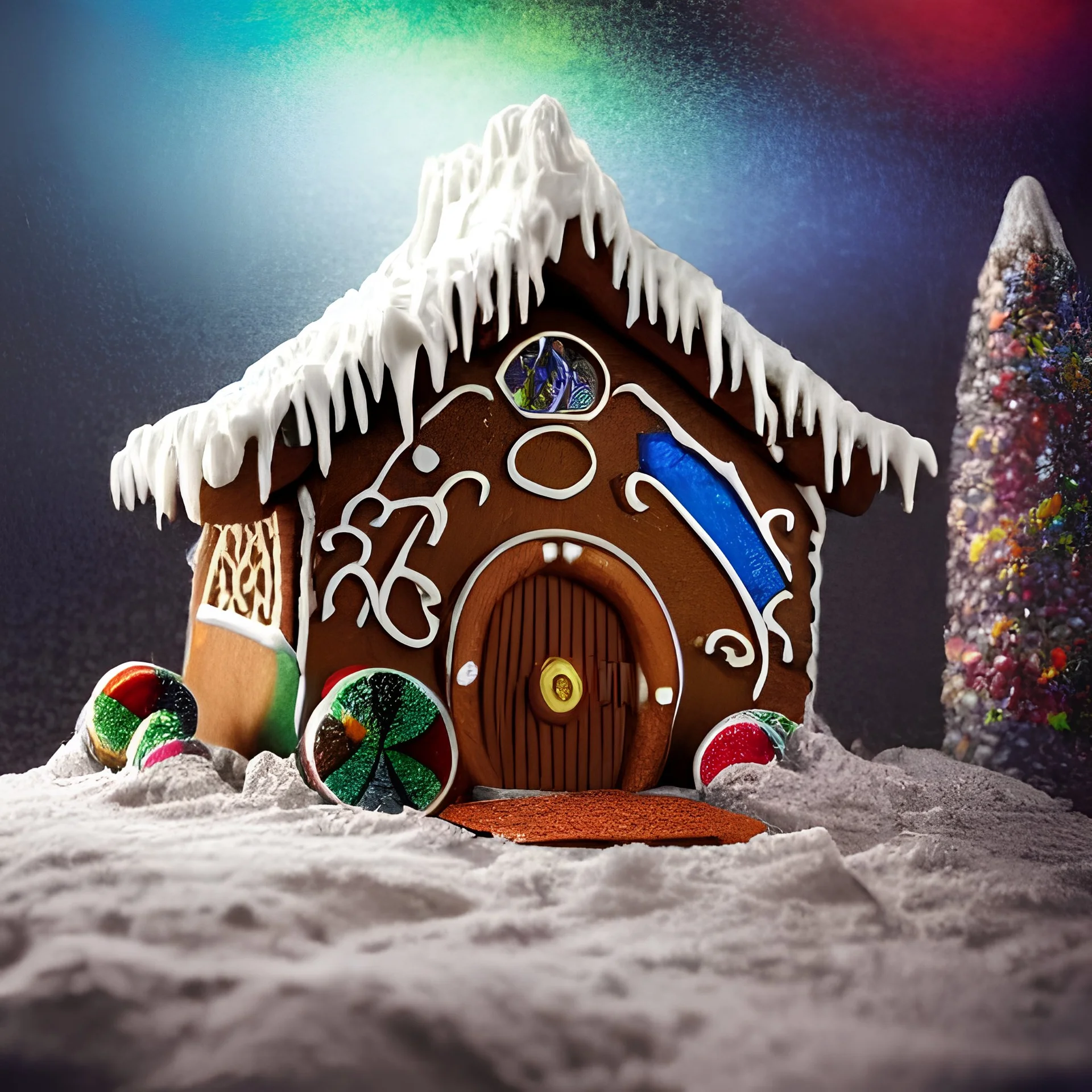 an intricate hobbit-style gingerbread house with rainbow sprinkles, frosting, vibreant crushed candy, 8k resolution, centered, high-quality, ultrafine-detail, digital art, flickering light, detailed matte, volumetric lighting, illustration, 3D octane render, brian froud, howard lyon, ben goossens, George Grie, greg rutowski, alphonse mucha