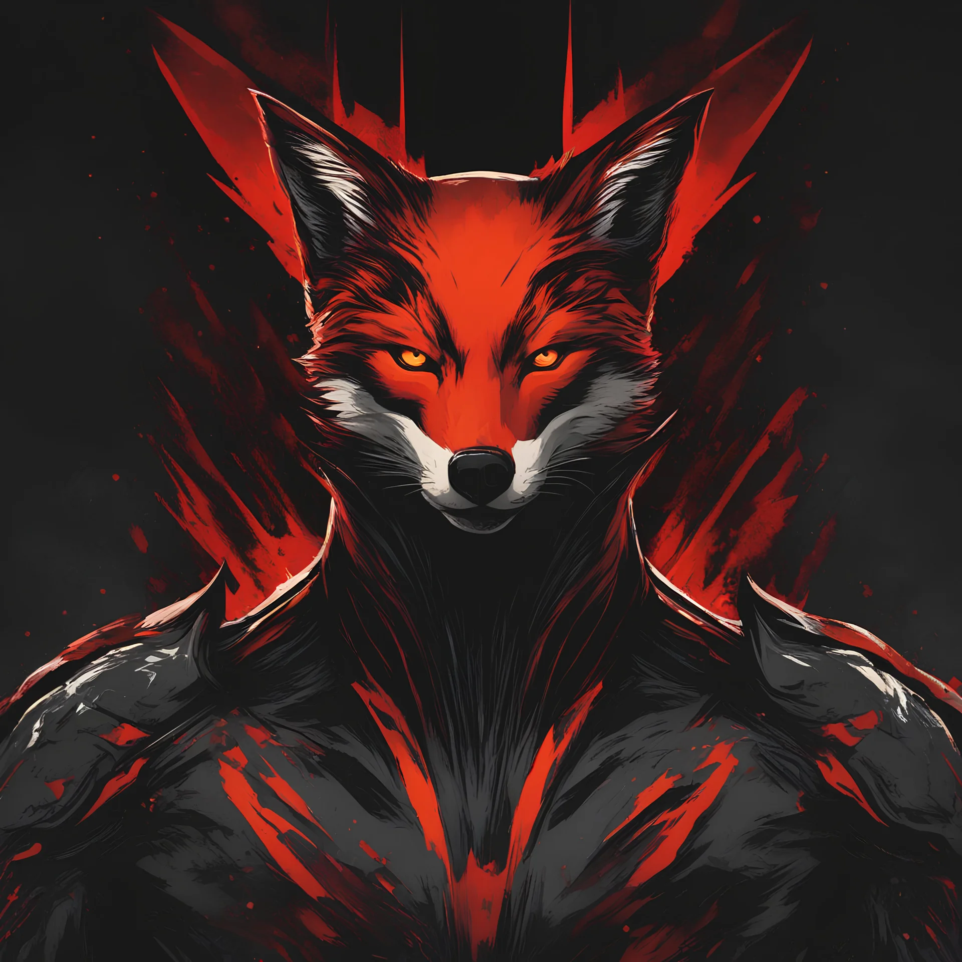 Foxman, comic style artwork, dark black, red and Orange, calm