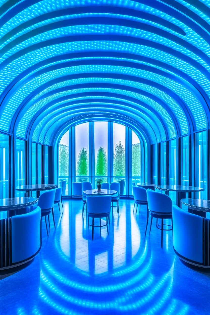 A restaurant whose outer walls are oval in shape, the color of the inside is blue, and its floor is light with a bar table in the middle of the restaurant in the shape of an oval containing 30 chairs and the walls are made of glass