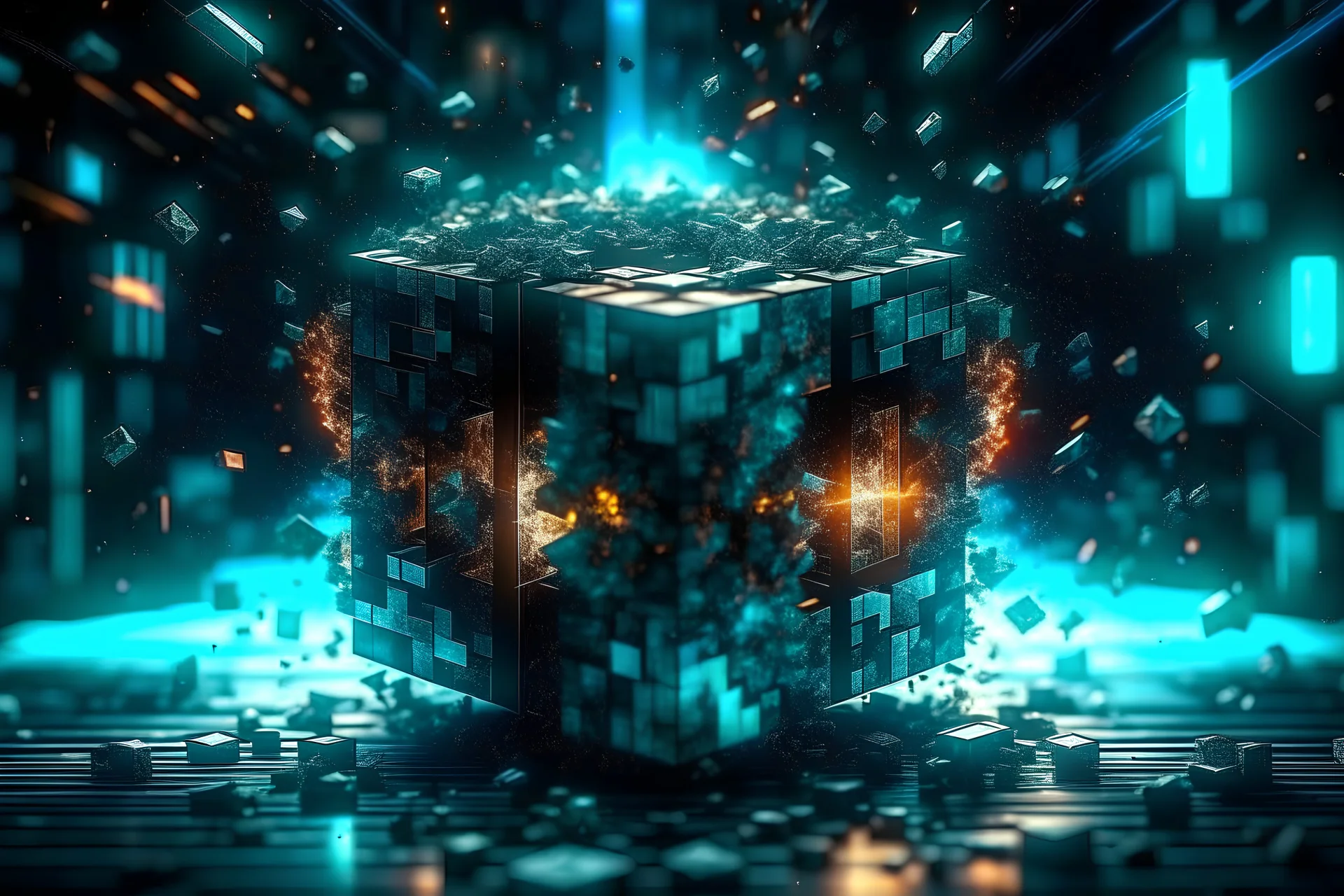 epic realism 4k photograph of immovable cube physically coliding with unstopable kenetic energy force traveling in multiverse, florecent