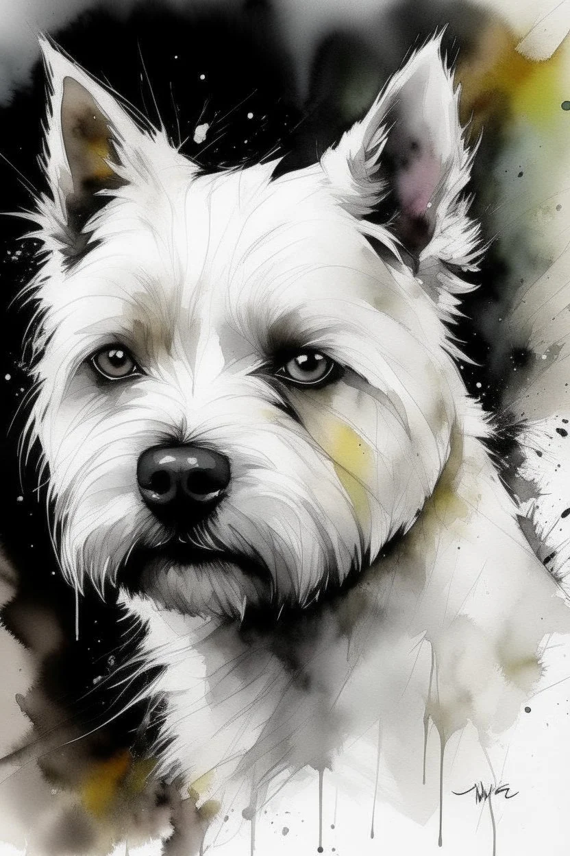 Portrait of a White West highland terrier dog with gentle expression in loose abstract watercolour, wet on wet, and splattering in the style of Agnes Cecile, Willem Haenraets, Yoji Shinkawa, Guy Denning, Florian Nicolle with chalk and rough pastel on rough, textured paper