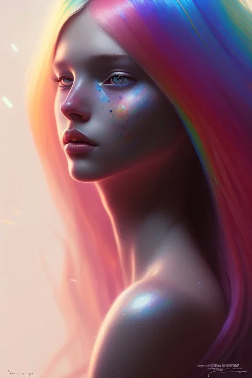 girl, cute, beautiful, long hair, rainbow hair, rainbows, close up portrait by Greg Rutkowski