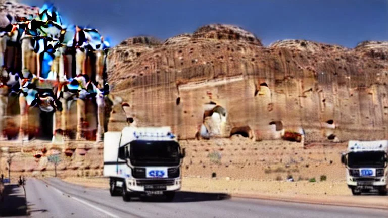 A police Tesla Cybertruck is chasing a Tesla 'Model S Plaid' at top speed, at Petra, in Jordan. CINEMATIC. WIDE ANGLE LENS.