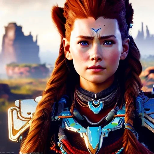 portrait of beautiful busty Aloy (Horizon Zero Dawn) painting by Brom , oil on canvas, cinematic composition, extreme detail,fit full head inside picture,8k