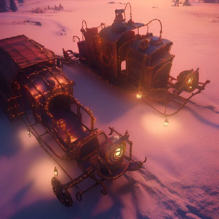 steampunk santa sleigh, 4k, highly detailed, cinematic, ultra photorealistic, ultra realistic, volumetric lighting, snow, christmas lights